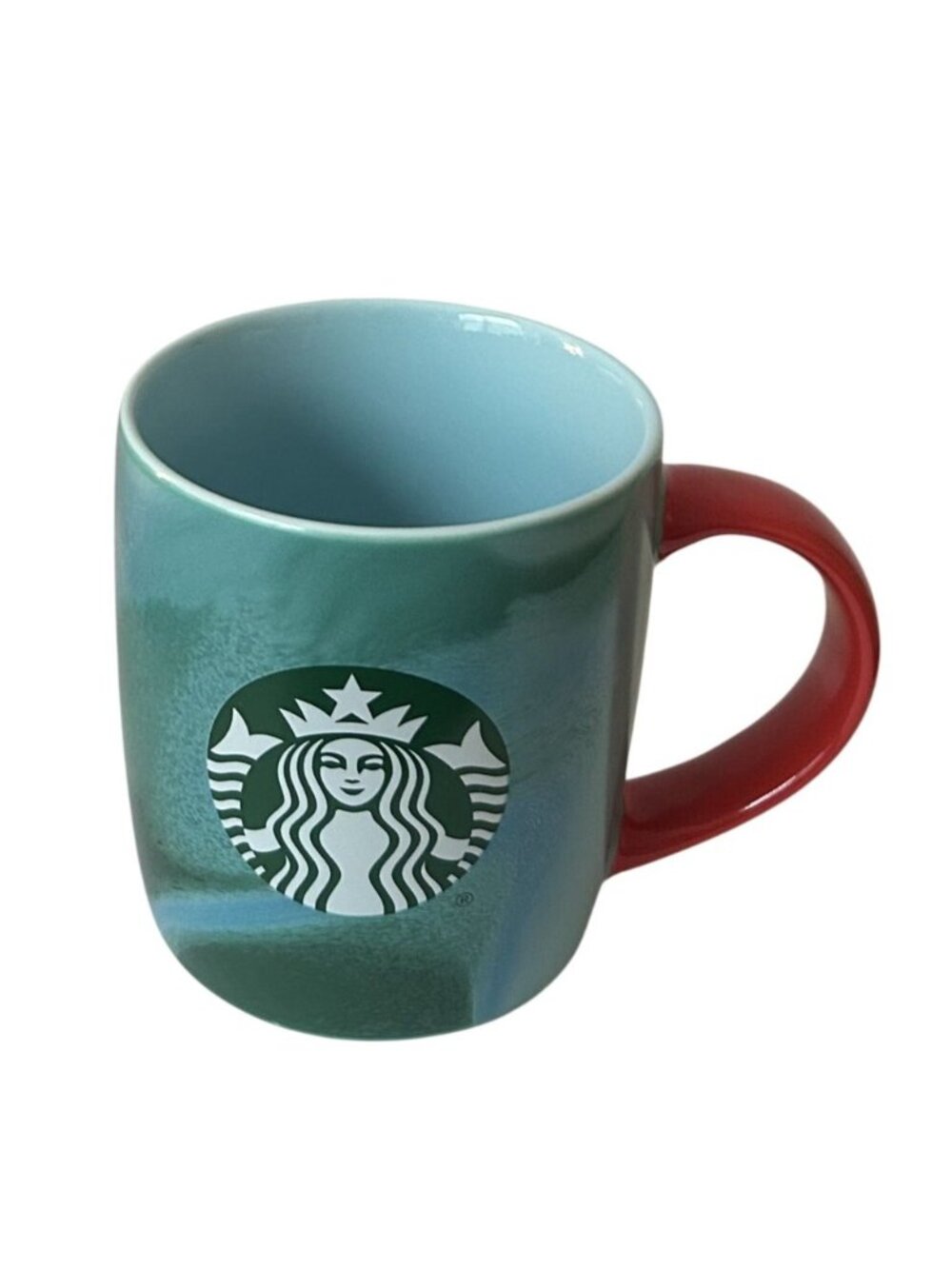 Starbucks Holiday 2024 11oz Coffee Mug Teal Marbled Body Red Handle